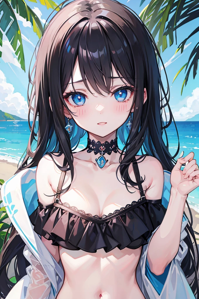 blonde、blue eyes、Female characters、Anime-style style、two piece swimsuit、ruffled bikini top、light blue bikini bottoms、Light blue hair band、golden earrings、choker style necklace、White skin、sunlight is shining、ribbon on hair band、ruffles on bikini edge、Reflection of light in the eyes、Blue sky in the background、White clouds on background、Blue ribbon in hair、Redness on the cheeks、golden pendant necklace、clear blue water、messy hair、tying hair、pink flowers on bikini、Water surface reflection、water droplets in the air、A lace-like pattern on a bikini、smile、white teeth、mouth open、glossy lips、long eyelashes、shiny hair、small nose、shadow under the chin、The collarbone is protruding、arms raised、bright atmosphere、soft shadow、The blue sky reflected in my eyes、healthy body、detailed eyebrows、flying hair、Hair color gradient、Light source from above、Warm shades、calm expression、visible ears、green pendant on necklace、multiple bracelets、Wrist Accessories、gentle smile、The white cloth in the background is fluttering、thin straps on bikini top、A slight shadow on the bikini top、Slight wrinkles on bikini top、soft edges of the image、background is minimal、clear focus on the foreground、slight reflection on the skin、slight redness on the shoulders、animated facial features、distant horizon、layered hair、The dazzling luster of the hair ornament、detailed texture of hair、Peaceful landscape、Golden bracelet、turquoise strap、decorative bikini knots、art style smooth lines