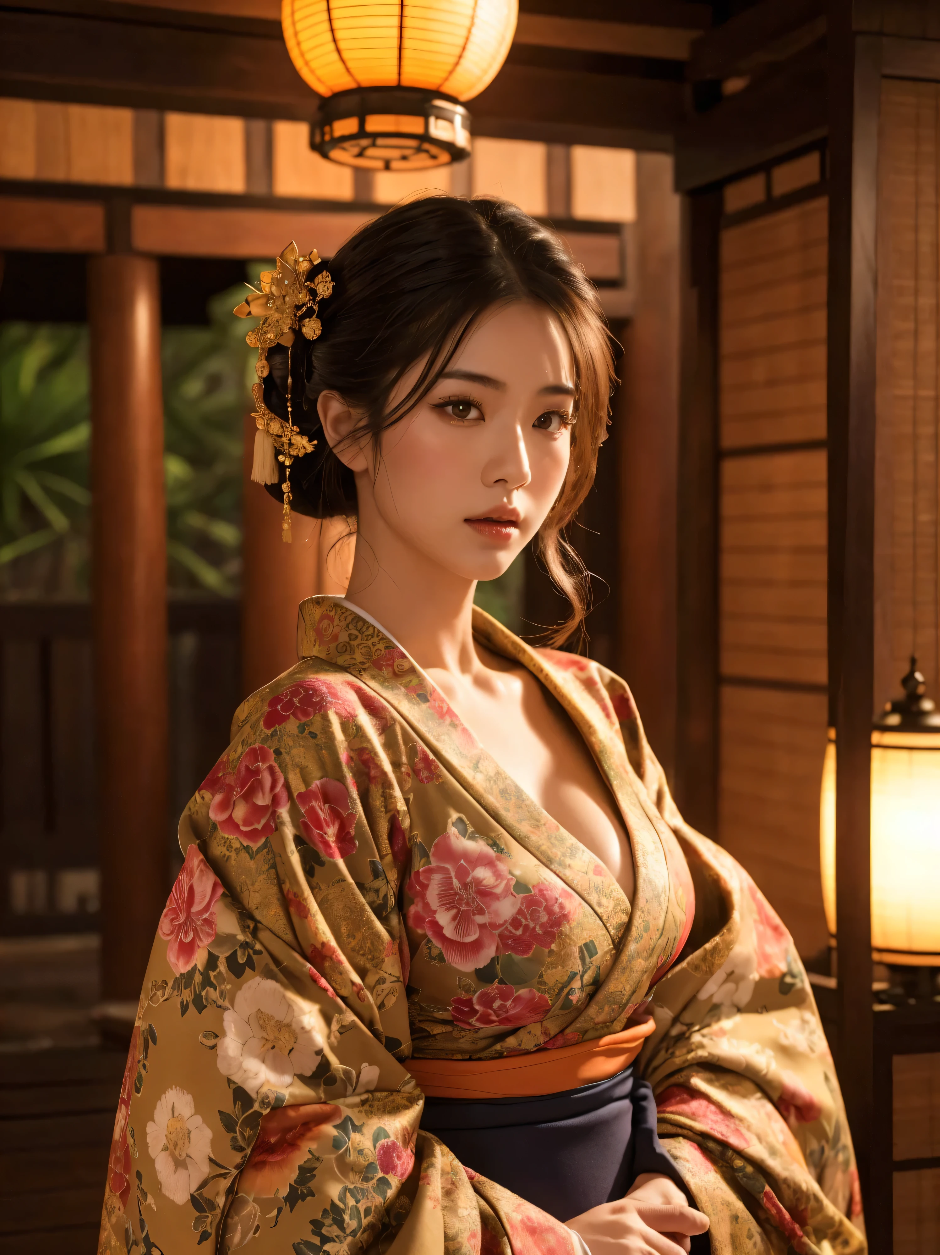 big breasted japanese woman in elaborate kimono, ornate shrine, cinematic atmosphere, (best quality,4k,8k,highres,masterpiece:1.2),ultra-detailed,(realistic,photorealistic,photo-realistic:1.37),(looking at viewer),highly detailed face,beautiful detailed eyes,beautiful detailed lips,extremely detailed eyes and face,long eyelashes,intricate kimono design,ornate shrine background,warm lighting,dramatic shadows,vibrant colors,photorealistic