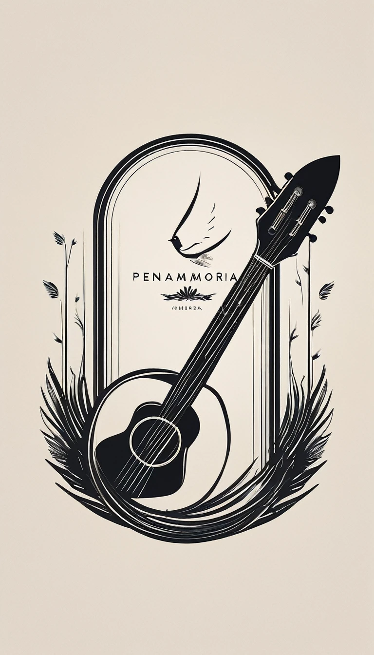 A minimal, modern, simple, cinematic logotype for the brand “Penamemoria". The logotype must be a simple, magical feather and a boy playing acoustic guitar. The logo must convey a sense of music, stories and dreams. Logo design impressed on a book cover. Minimalistic logo
