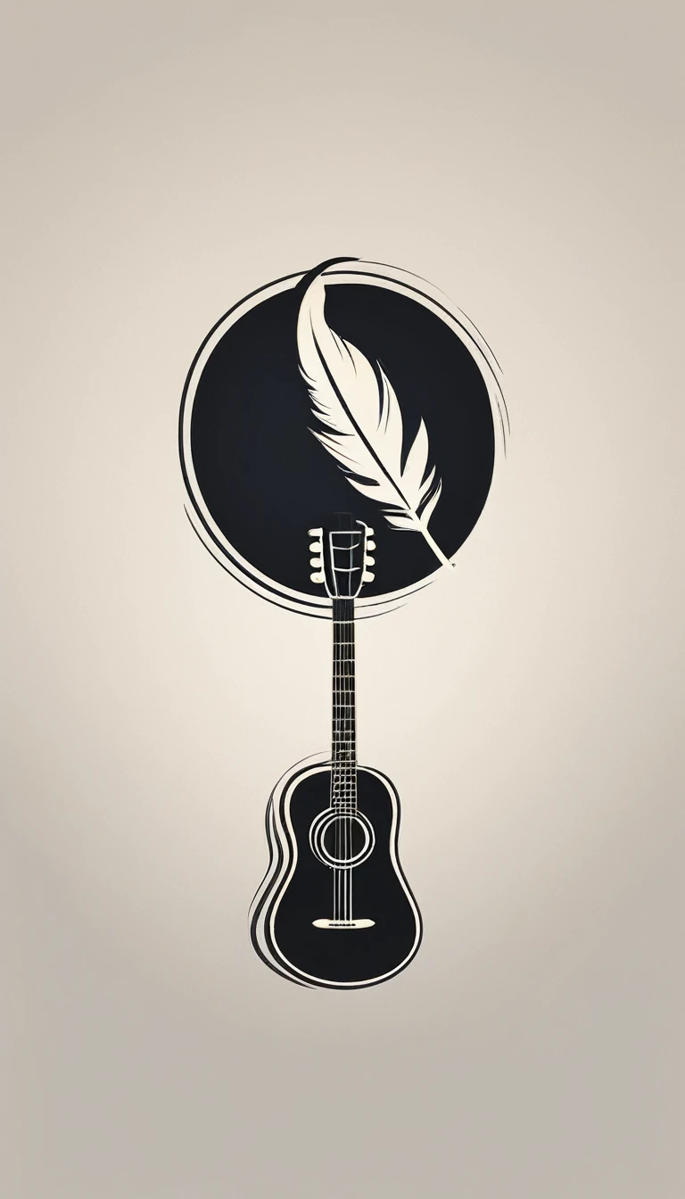 A minimal, modern, simple, cinematic logotype for the brand “Penamemoria". The logotype must be a simple, magical feather and a boy playing acoustic guitar. The logo must convey a sense of music, stories and dreams. Logo design impressed on a book cover. Minimalistic logo
