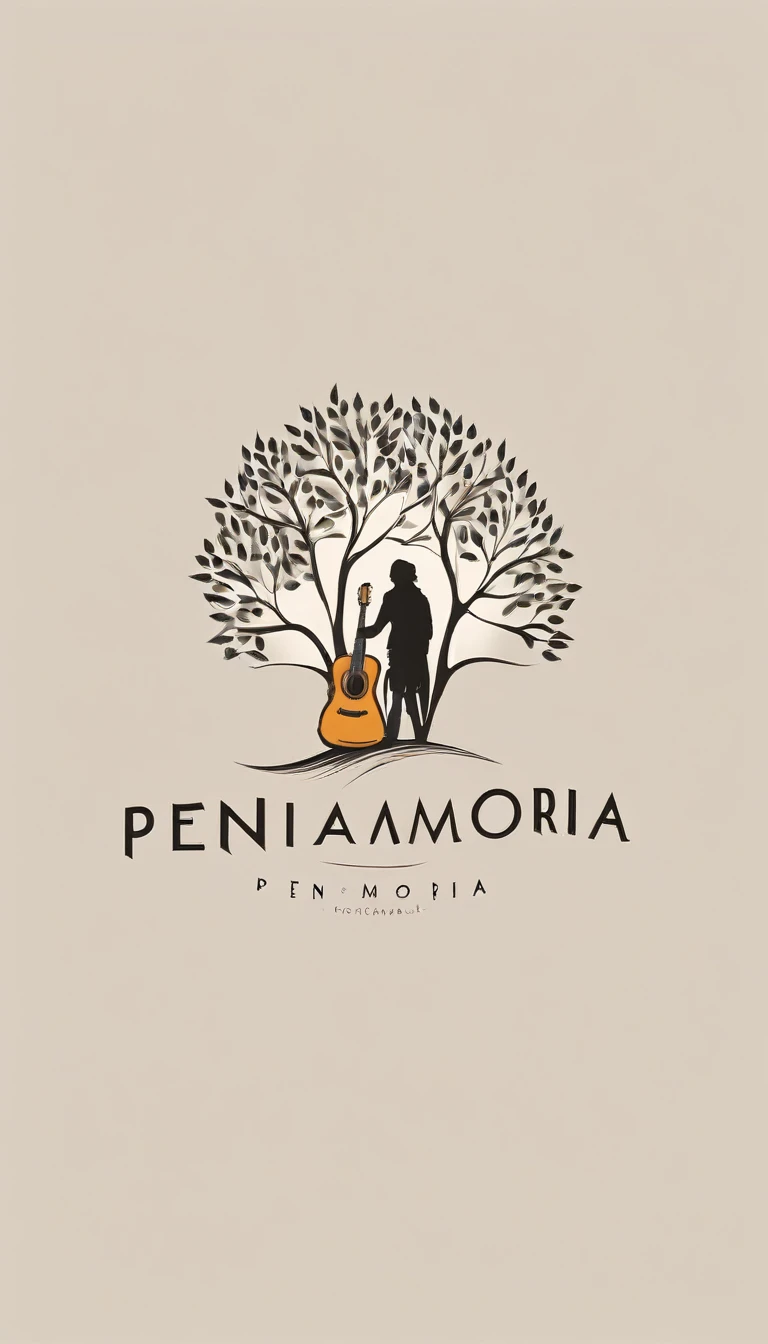 A minimal, modern, simple, cinematic logotype for the brand “Penamemoria". The logotype must be a simple, magical feather and a boy playing acoustic guitar. The logo must convey a sense of music, stories and dreams. Logo design impressed on a book cover. Minimalistic logo