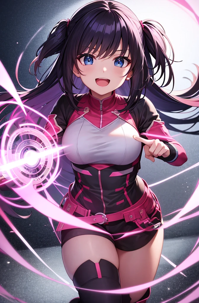 最high quality, high quality, 8K、High resolution,Highest quality、solo、A large heroine of justice wearing a pink battle suit.、Black Hair, Open Mouth Smile, Thighs