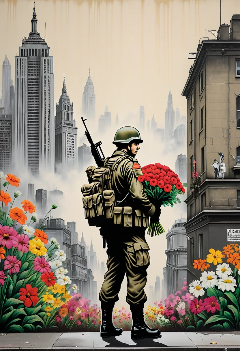 "A soldier holds a bouquet of flowers against the backdrop of a big city, calling for peace. This street art has a pencil-drawn touch and a strong, Banksy-esque message."