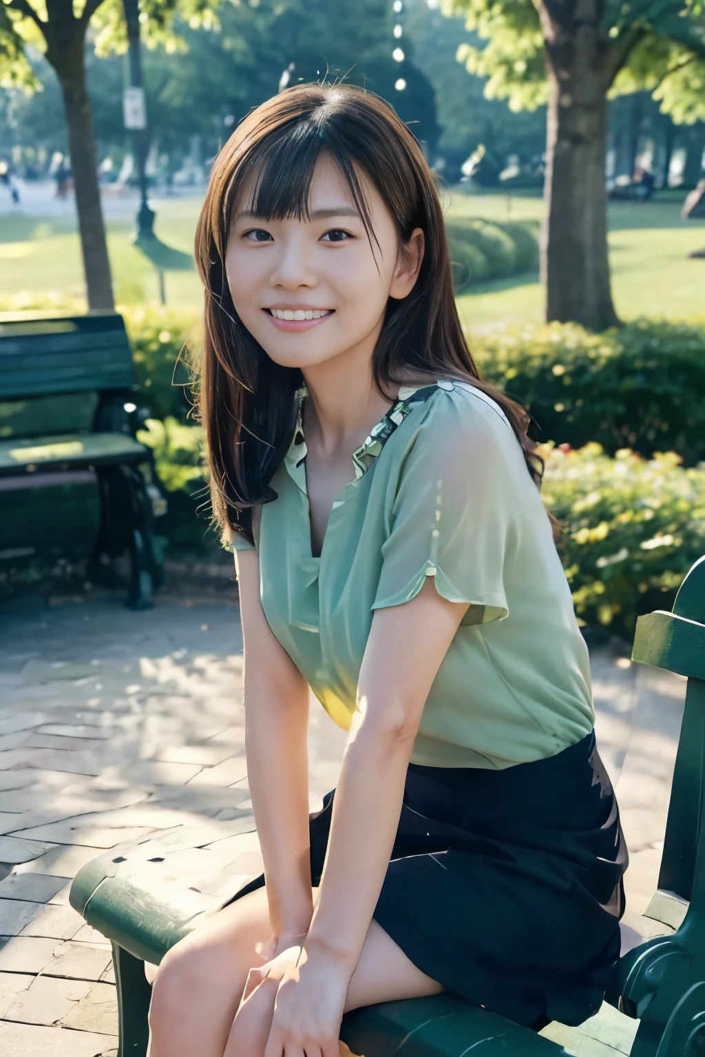 ((from below:1.5)), ((whole body:1.5)), (ultra detailed), (masterpiece), (best quality), (top-quality, 16K, masterpiece:1.3), Highest quality, Realistic, Surreal, Highest quality, Extremely detailed CG, Very delicate and beautiful, 16K Wallpaper, High resolution, 1 Girl, 38歳の日本people々woman, (small eyes:1.5), ((Two very small moles on my right cheek:1.3)), (Skin dents), Medium Chest, (Professional Lighting), Large city park, Green Grass, (sitting on a park bench:1.3), people々, Long Hair, (bangs:1.5), (blouse:1.5), (I wore it:0.8), Nice, bloom, Floating Hair, (Dynamic pose:1.5), (sunset:1.2), ((Spread your legs)), (Shy Smile:1.2), Thin lips, slim, (Highly detailed face), (Highly detailed facial expressions), (Face the front completely:1.5), ((Looking into the camera:1.5)), Slender body, Large file size,