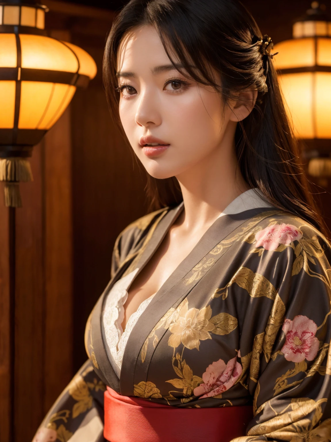big breasted japanese woman in elaborate kimono, ornate shrine, cinematic atmosphere, (best quality,4k,8k,highres,masterpiece:1.2),ultra-detailed,(realistic,photorealistic,photo-realistic:1.37),(looking at viewer),highly detailed face,beautiful detailed eyes,beautiful detailed lips,extremely detailed eyes and face,long eyelashes,intricate kimono design,ornate shrine background,warm lighting,dramatic shadows,vibrant colors,photorealistic