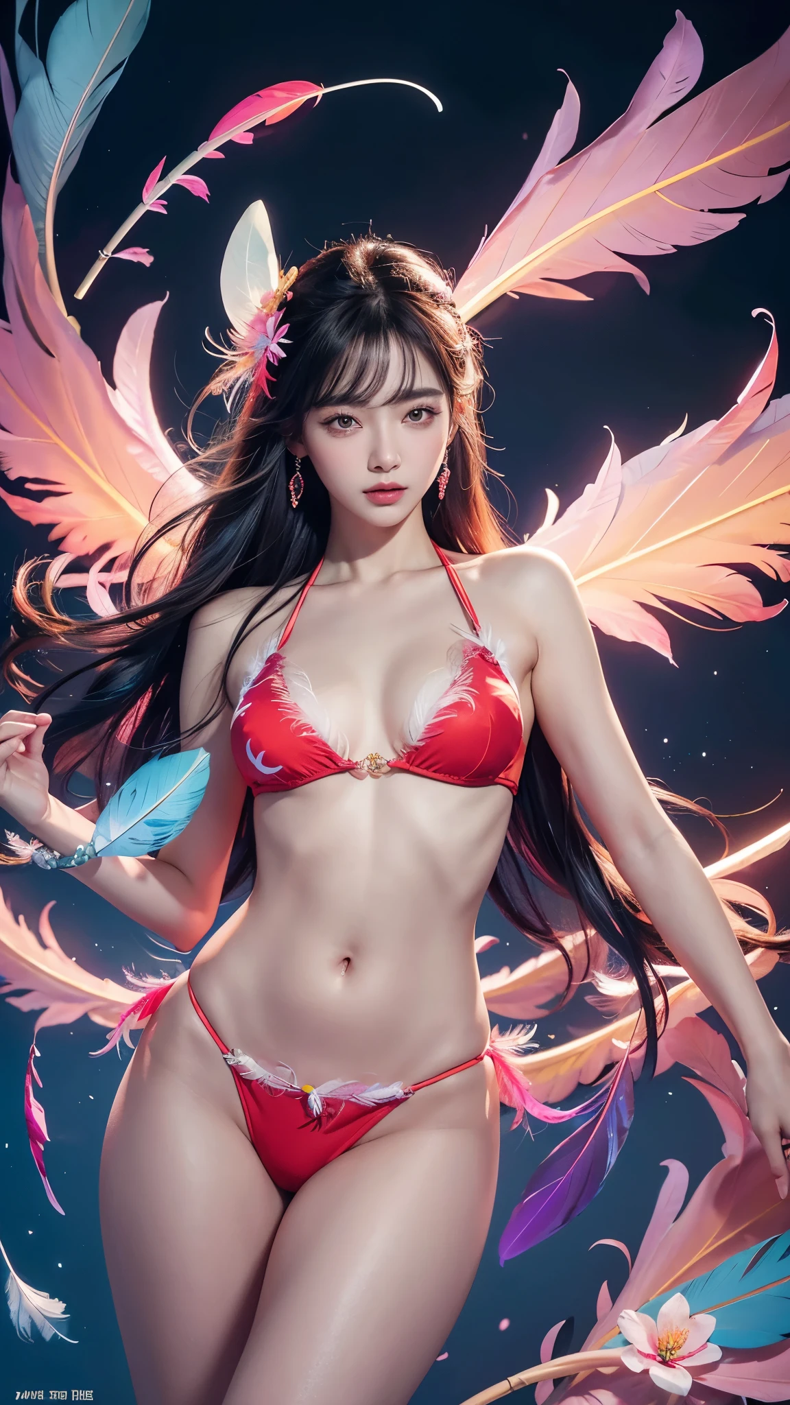 (masterpiece, top quality, best quality, official art, beautiful and aesthetic:1.2), (1 woman:1.3), very detailed,(fractal art:1.1),(fancy:1.1)(flowers:1.3),most detailed,(젠탱글 neon:1.2), (dynamic pose), (추상적 인 배경 neon:1.3), (glowing skin), (various colors:1.4), ,(earring), (feather:1.5) ,red background,phoenix bikini dress,neon,full hd