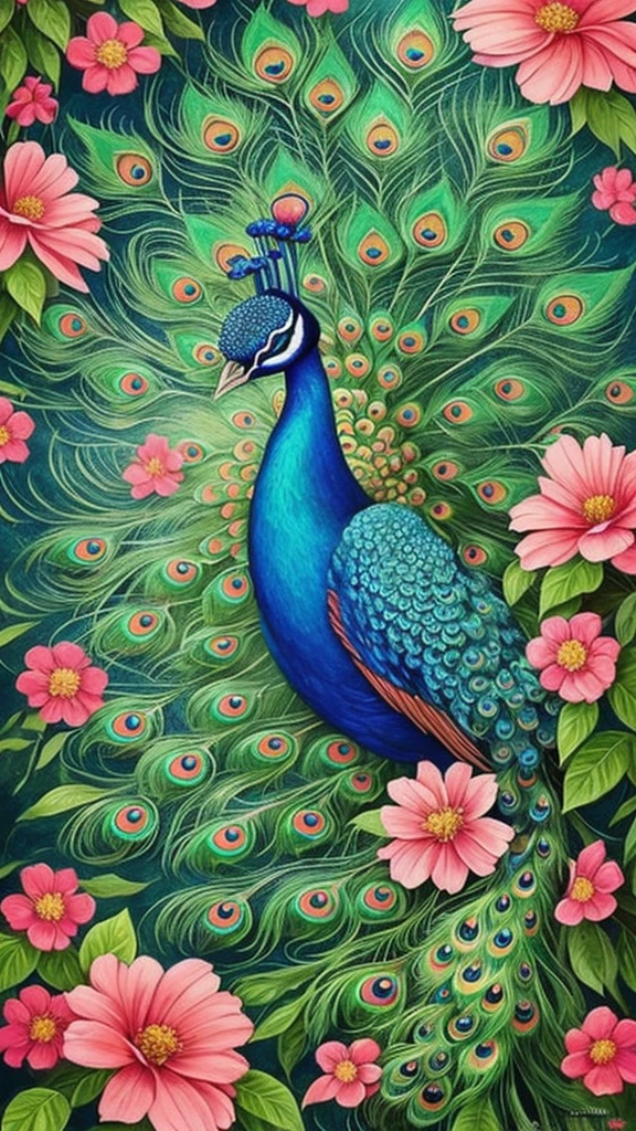 a painting of a peacock with flowers and leaves on it, a detailed painting by Nene Thomas, trending on cgsociety, fantasy art, peacock. intricate, beautiful detail and color, beautiful gorgeous digital art, beautiful illustration, beautiful and graceful, gorgeous digital art, full of colors and rich detail, beautiful!!! digital art, peacock