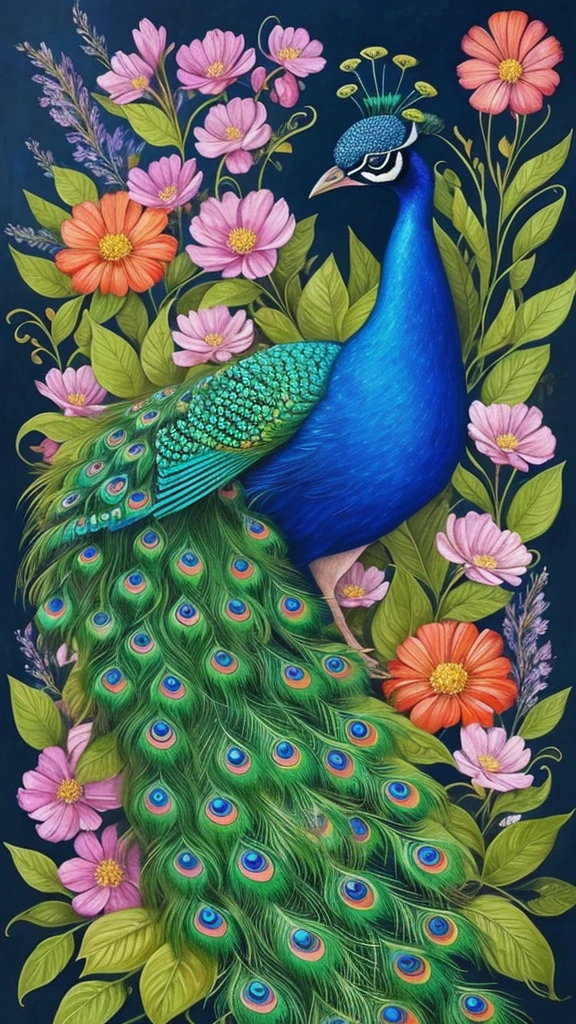 a painting of a peacock with flowers and leaves on it, a detailed painting by Nene Thomas, trending on cgsociety, fantasy art, peacock. intricate, beautiful detail and color, beautiful gorgeous digital art, beautiful illustration, beautiful and graceful, gorgeous digital art, full of colors and rich detail, beautiful!!! digital art, peacock