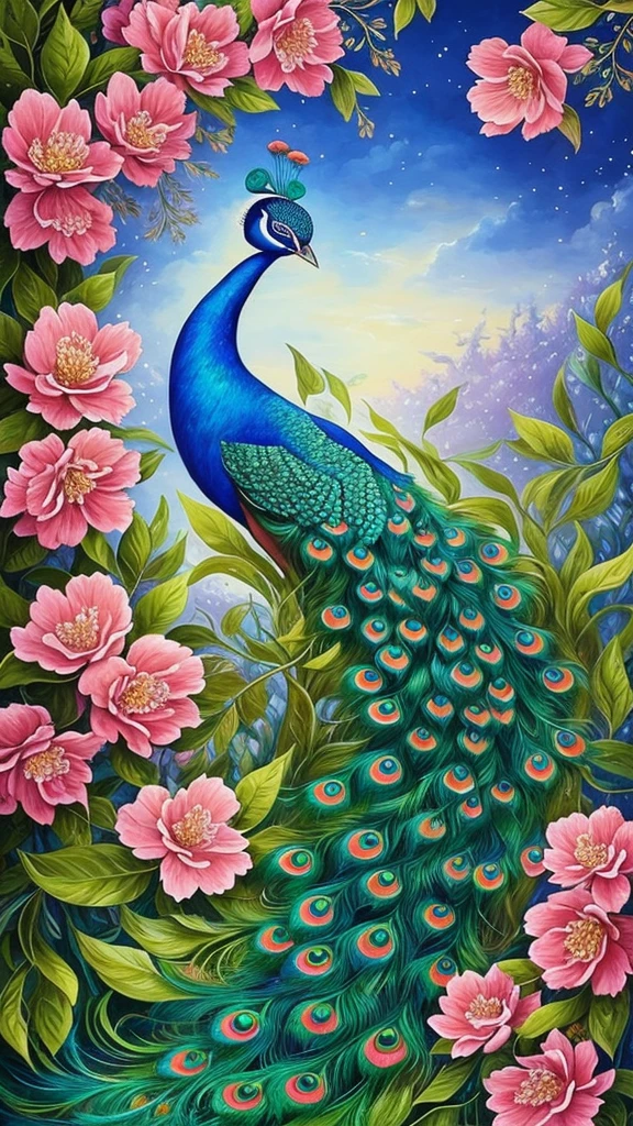 a painting of a peacock with flowers and leaves on it, a detailed painting by Nene Thomas, trending on cgsociety, fantasy art, peacock. intricate, beautiful detail and color, beautiful gorgeous digital art, beautiful illustration, beautiful and graceful, gorgeous digital art, full of colors and rich detail, beautiful!!! digital art, peacock