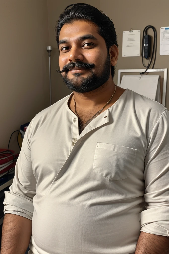 An indian oy of ge round 20. Fair sking , fat, light beard and light moustache on smiling face. Standung confidently in a getupu of doctor with sthetescope in neck.