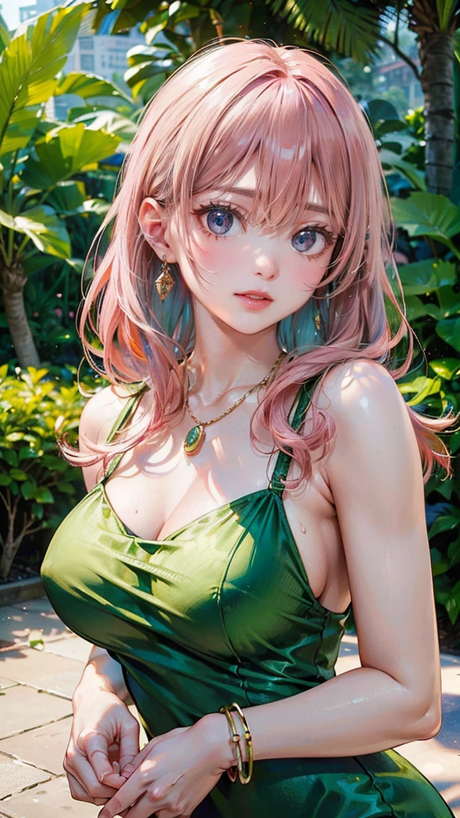 (Masterpiece, BestQuality:1.3), (ultra detailed:1.2), (hyperrealistic:1.3), (RAW photo:1.2), High detail RAW color photo, professional photograph, (Photorealistic:1.4), (realistic:1.4), (Pink Hair:1.5), professional lighting, perfect anatomy, (Big Breasts:1.2), (blush, detailed face), (A happy smile:1.7), Trending Hair&Trending Hairカラーをランダムに, earrings, necklace, bracelet, sexly, erotic sexly, Random sexy gravure poses, (Sexy woman in green silk dress、Tropical Garden、Elegant smile、Straight Long Hair、Posing surrounded by flowers。:1.3)