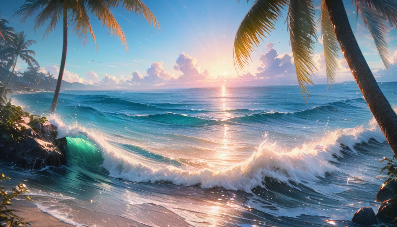 coastal, A wide sea with a visible horizon,Clear sky,Palm tree,Blur the background,Pleasant sea breeze,Glitter effect,Highest quality, 8K, High resolution, masterpiece:1.2, Very detailed, Realistic:1.37, High resolution, 超High resolution, Ultra-fine painting, Very detailed, Professional, Vibrant colors