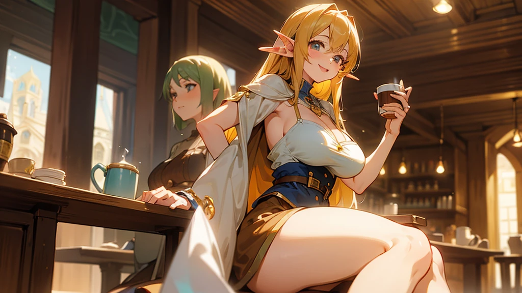 Anime Style,Nostalgic,Detailed background,The medieval world,A lively coffee shop with lots of people,Smiling bard beautiful elf girl holding coffee,Large Breasts,Healthy thighs,Underarm