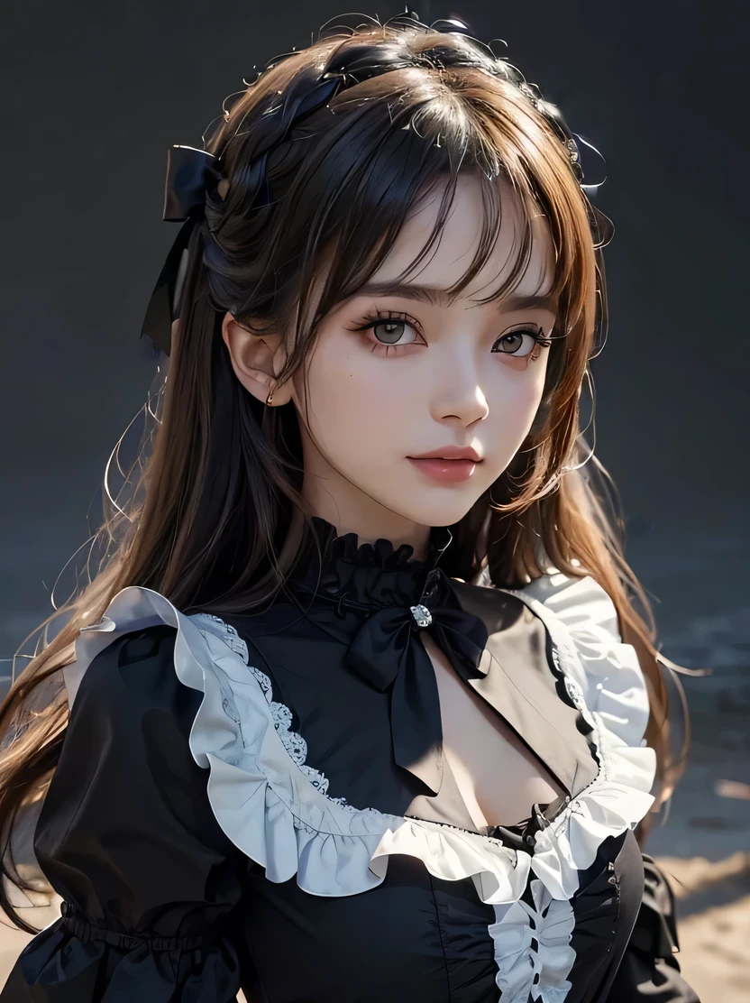 ((masterpiece, top quality, very detailed, high resolution, photorealistic, sharp focus)), high contrast, high saturation, ((bust shot, focus from the chest up)), one beautiful girl, View viewer, highly detailed fine eyes, (detailed face), fine details, darkness, deep shadows, smile, black shawl straight hair, 46 point diagonal bangs, cyb dress, frilled dress, frills, gothic, bow , long sleeves
