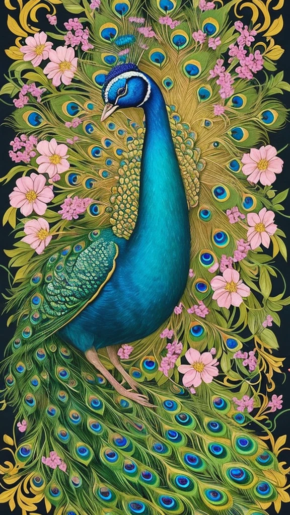 a painting of a peacock with flowers and leaves on it, peacock. intricate, beautiful detail and color, beautiful gorgeous digital art, beautiful illustration, beautiful and graceful, gorgeous digital art, full of colors and rich detail, beautiful!!! digital art, peacock, by Nene Thomas, by Yang J, elegant and ornate, birds f cgsociety