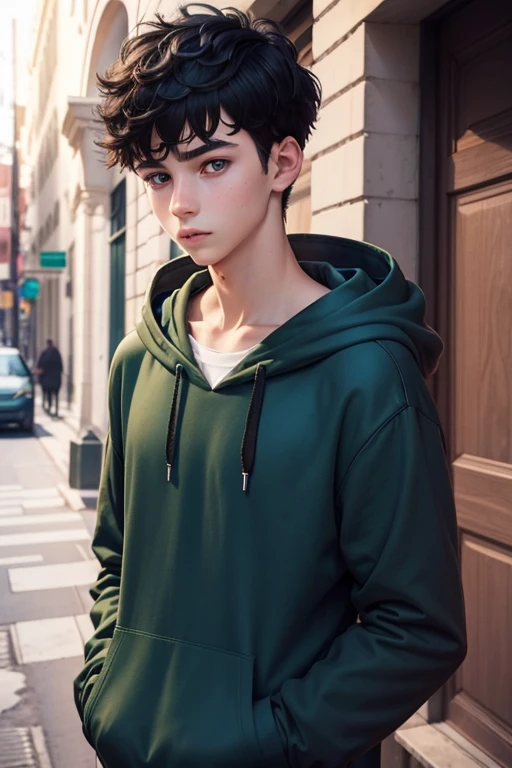 16 years old European boy. With short black hair. And a blue hoodie. He's got green pearly eyes. He looks shy.