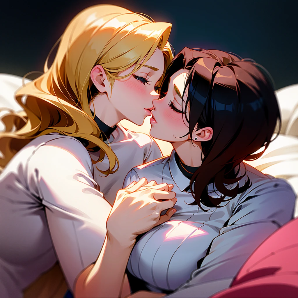 araffe woman kisses a woman in a white shirt while she holds her hand on her chest, kissing together cutely, kiss, still from a terence malik film, kissing, lovely kiss, kiss mouth to mouth, sexy movie photo, making love, making out, kissing together, love scene, seducing, kissing each other, couple kissing, sensuous