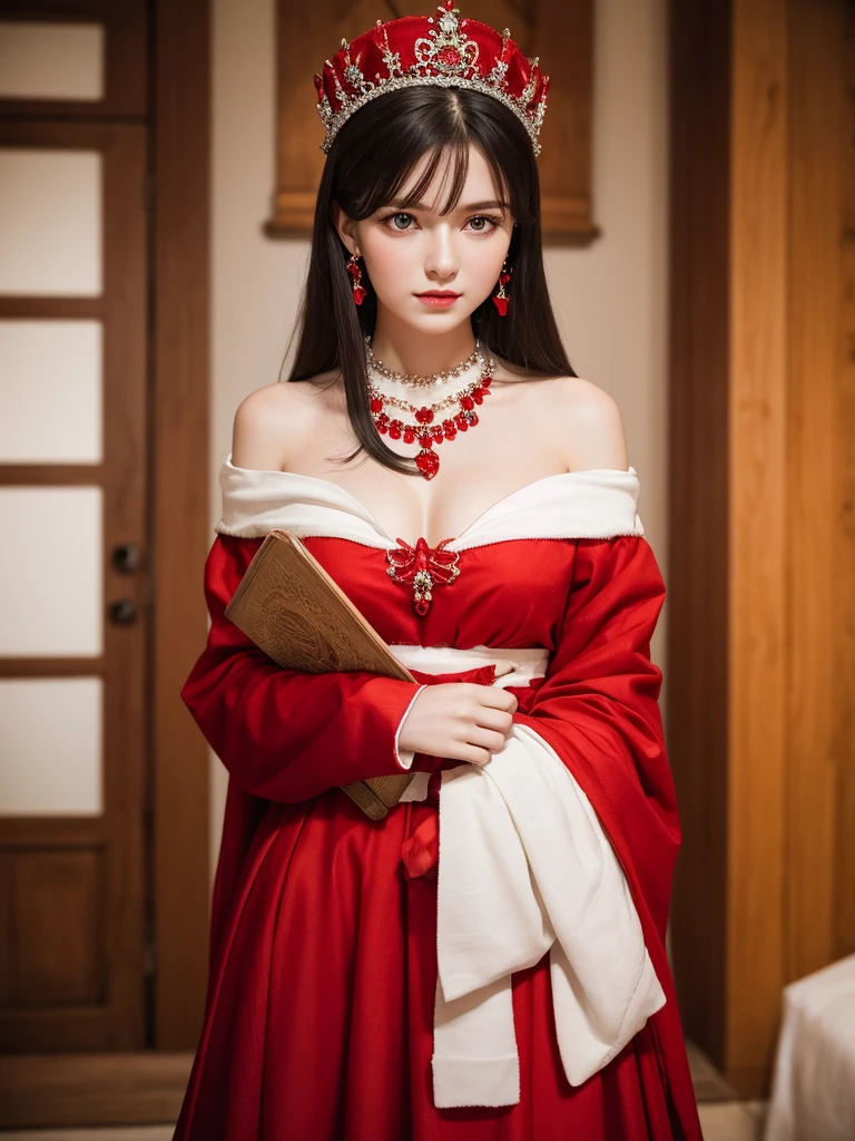A Neat and Clean Priestess、((best qualtiy、8k masterpieces:1.3))、foco nítido:1.2、(ultra beautiful faces:1.0)、(shinny skin:1.0)、photos realistic、A dark-haired、Video Lighting、High-definition eyes and face、Video Lighting、Japan Idol Actress、from the front side、medium breasts、Smile、Slender Abs Beauty、Whole body、Wearing a red priestess costume、At the shrine in the morning