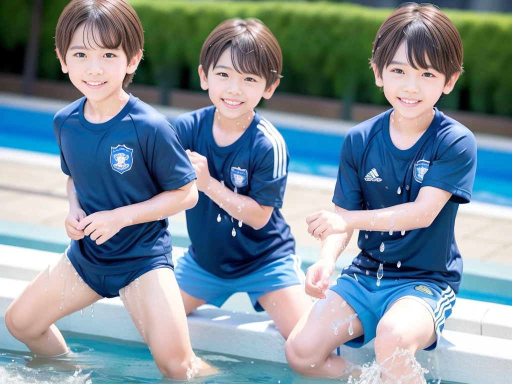 夏休みのprimary school校、Pool、primary school5Grade、Japan Boy、Glowing water splashes、A good boy dripping with water、hot day、Two Boys、Various poses、Short sleeve gym uniform、Blue shorts、physical education、barefoot,(Boy 1.4)、Boys only 、(10Age 1.4)