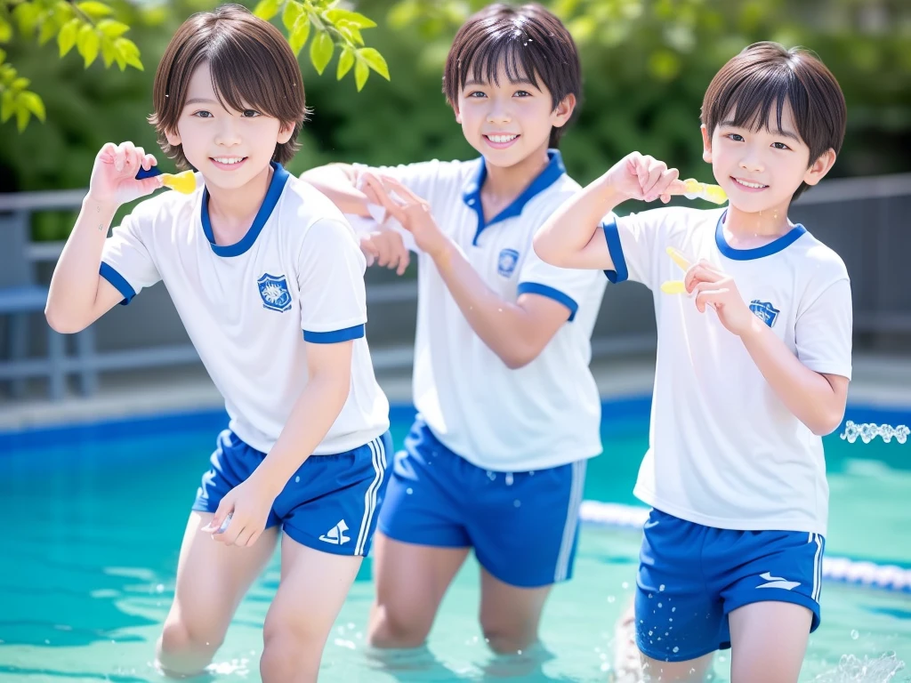 夏休みのprimary school校、Pool、primary school5Grade、Japan Boy、Glowing water splashes、A good boy dripping with water、hot day、Two Boys、Various poses、Short sleeve gym uniform、Blue shorts、physical education、barefoot,(Boy 1.4)、Boys only 、(10Age 1.4)