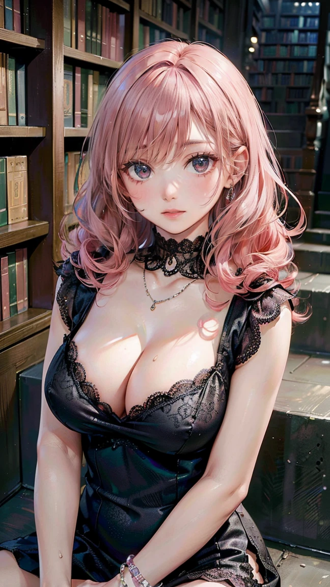 (Masterpiece, BestQuality:1.3), (ultra detailed:1.2), (hyperrealistic:1.3), (RAW photo:1.2), High detail RAW color photo, professional photograph, (Photorealistic:1.4), (realistic:1.4), (Pink Hair:1.5), professional lighting, perfect anatomy, (Big Breasts:1.2), (blush, detailed face), (A happy smile:1.7), Trending Hair&Trending Hairカラーをランダムに, earrings, necklace, bracelet, sexly, erotic sexly, Random sexy gravure poses, (Sexy woman in a black lace dress、Old Library、Provocative Gaze、Curly Hair、Sitting on stairs pose。:1.3)