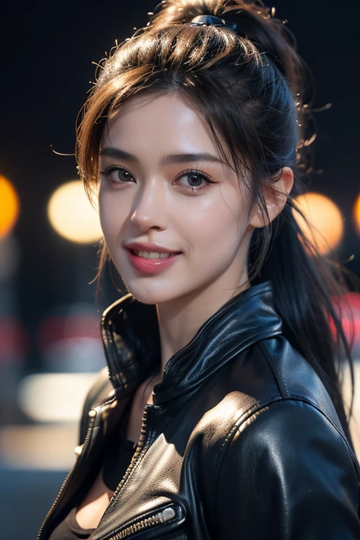 a gorgeous middle-aged busty woman, ponytail, leather jacket, lady bikers, motosport, beautiful smile showing teeth, pov, lover, cinematic lighting, (best quality,4k,8k,highres,masterpiece:1.2),ultra-detailed,(realistic,photorealistic,photo-realistic:1.37),HDR,UHD,studio lighting,ultra-fine painting,sharp focus,physically-based rendering,extreme detail description,professional,vivid colors,bokeh,portrait,photorealistic,cinematic,dramatic lighting