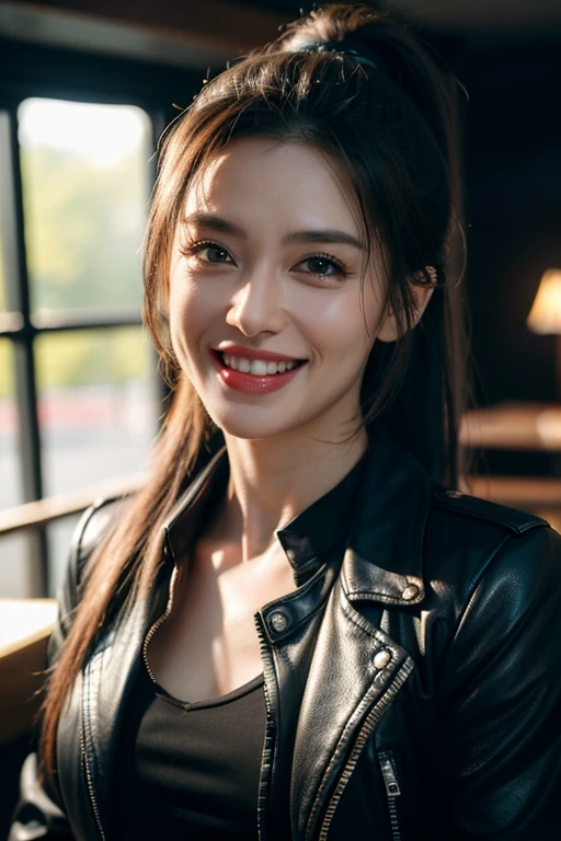 a gorgeous middle-aged busty woman, ponytail, leather jacket, lady bikers, motosport, beautiful smile showing teeth, pov, lover, cinematic lighting, (best quality,4k,8k,highres,masterpiece:1.2),ultra-detailed,(realistic,photorealistic,photo-realistic:1.37),HDR,UHD,studio lighting,ultra-fine painting,sharp focus,physically-based rendering,extreme detail description,professional,vivid colors,bokeh,portrait,photorealistic,cinematic,dramatic lighting