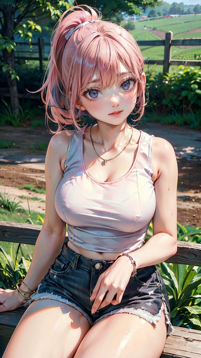(Masterpiece, BestQuality:1.3), (ultra detailed:1.2), (hyperrealistic:1.3), (RAW photo:1.2), High detail RAW color photo, professional photograph, (Photorealistic:1.4), (realistic:1.4), (Pink Hair:1.5), professional lighting, perfect anatomy, (Big Breasts:1.2), (blush, detailed face), (A happy smile:1.7), Trending Hair&Trending Hairカラーをランダムに, earrings, necklace, bracelet, sexly, erotic sexly, Random sexy gravure poses, (Sexy beauty in a white tank top and shorts、Rural landscape、Bright smile、ponytail、Sitting on the fence pose。:1.3)