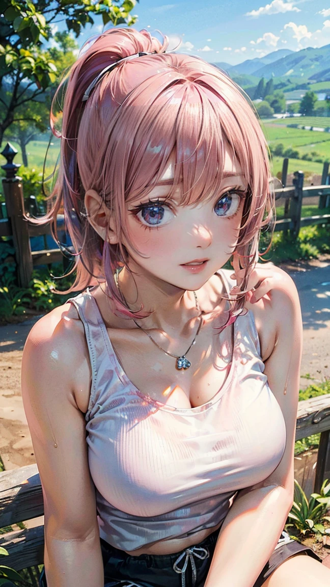 (Masterpiece, BestQuality:1.3), (ultra detailed:1.2), (hyperrealistic:1.3), (RAW photo:1.2), High detail RAW color photo, professional photograph, (Photorealistic:1.4), (realistic:1.4), (Pink Hair:1.5), professional lighting, perfect anatomy, (Big Breasts:1.2), (blush, detailed face), (A happy smile:1.7), Trending Hair&Trending Hairカラーをランダムに, earrings, necklace, bracelet, sexly, erotic sexly, Random sexy gravure poses, (Sexy beauty in a white tank top and shorts、Rural landscape、Bright smile、ponytail、Sitting on the fence pose。:1.3)