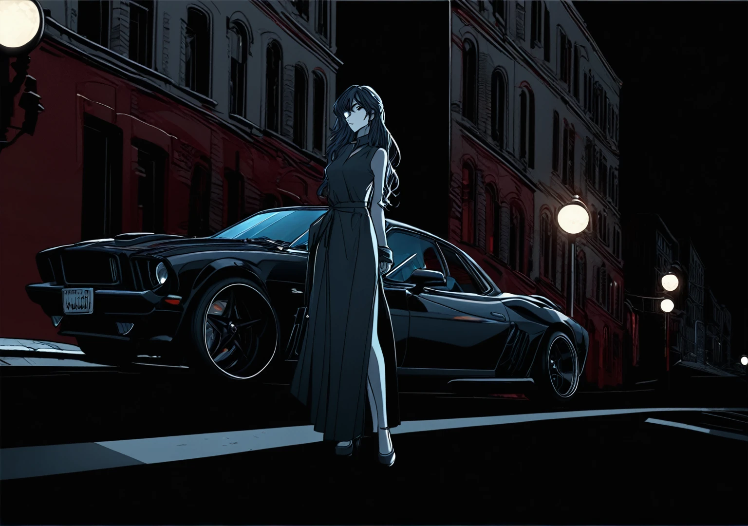 Cartoon illustration of a woman standing in front of a car on a city street, Drawn in neo-noir style, on a street at night, calm night. digital illustration, watching night streets, drawn in photoshop, street night, nighttime scene, Drawn in the style of Marc Ariane, arknight style, Animation style, Drawn in noir style, night, night time scene, diagonal shot, red wall, two lane road, street lamp in front of the wall, shining street lamp, sports car, 4 tires, full moon, Shining Star, building behind the wall, shining window, shining car lights, sports tires, one woman, black long hair, Pose leaning on a car, expressionless, Dark face, detailed face,