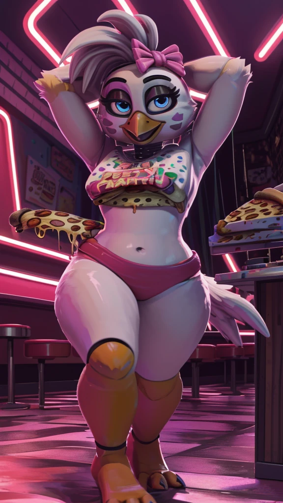 [glamrockchica], [FNAF:_Security_Breach], [Uploaded to e621.net; (Foxovh), (Pixelsketcher), (mayosplash], ((masterpiece)), ((HD)), ((high res)), ((solo portrait)), ((full body)), ((front view)), ((furry; anthro chicken girl)), ((detailed feathers)), ((detailed shading)), ((beautiful render art)), {anthro chicken; yellow feathers, yellow skin, (yellow feather tail), (orange talon feet, ((high heels)), (orange beak), (cute blue eyes), (tied-up hair with pink bow), (small , (curvy hips), (beautiful legs), (beautiful feet), (excited smile), (mouth open)}, {(white bib), ("Let's Party" printed on bib), (cleavage), (navel), (pink panties), (spiky choker)}, {(walking), (hands behind head), (looking at viewer)}, [background; (pizza parlor), (pizza party), (bright neon lights), (ambient lighting)]