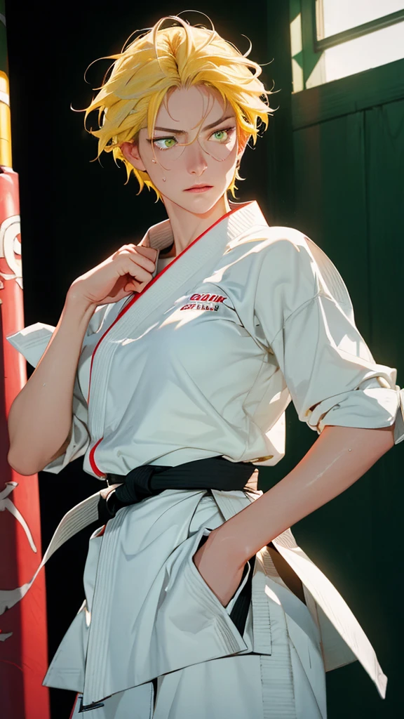 ((((masterpiece, best quality, high resolution)))), Extremely detailed 8K, 1 female, wearing a white Karate gi, (Ultra HD, Ultra-detailed, Highly detailed, Highly realistic, Ultra-realistic, photograph realistic), (1girl:1.5), (Realistic yellow hair), (dynamic poses), facing at camera, looking at viewer, (slightly serious face), (green eyes, sharp eyes), (perky breasts:1.2), (beautiful detailed face, beautiful detailed eyes), ((worn out karate gi)), (preparing for a fight), sweat, glow, (sunbeam, sunlight), ((cowboy shot)), inside a training gym, seductive, EnvyBetterHands LoCon,