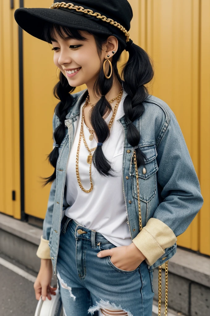 Girl standing posing, Anime girl style, pale light yellow skin, two pigtails wavy black hair, black hat, short white shirt, open black jacket, torn jeans, white tennis shoes, chain necklace, golden circle earrings, golden glitter around, smiling face closing eyes with blush