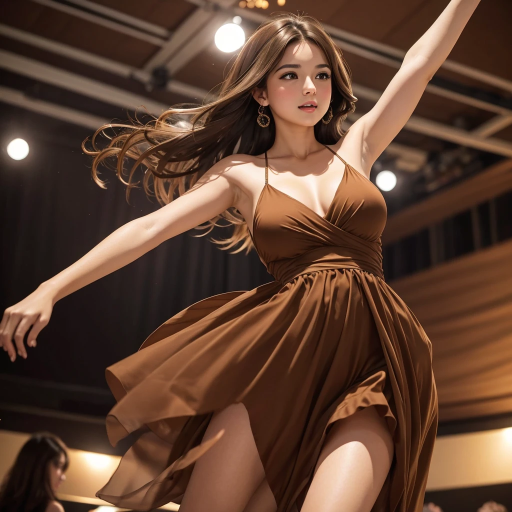 Brown haired girl with brown eyes, with breasts in an elegant dress at a party dancing to the rhythm of music, happy
