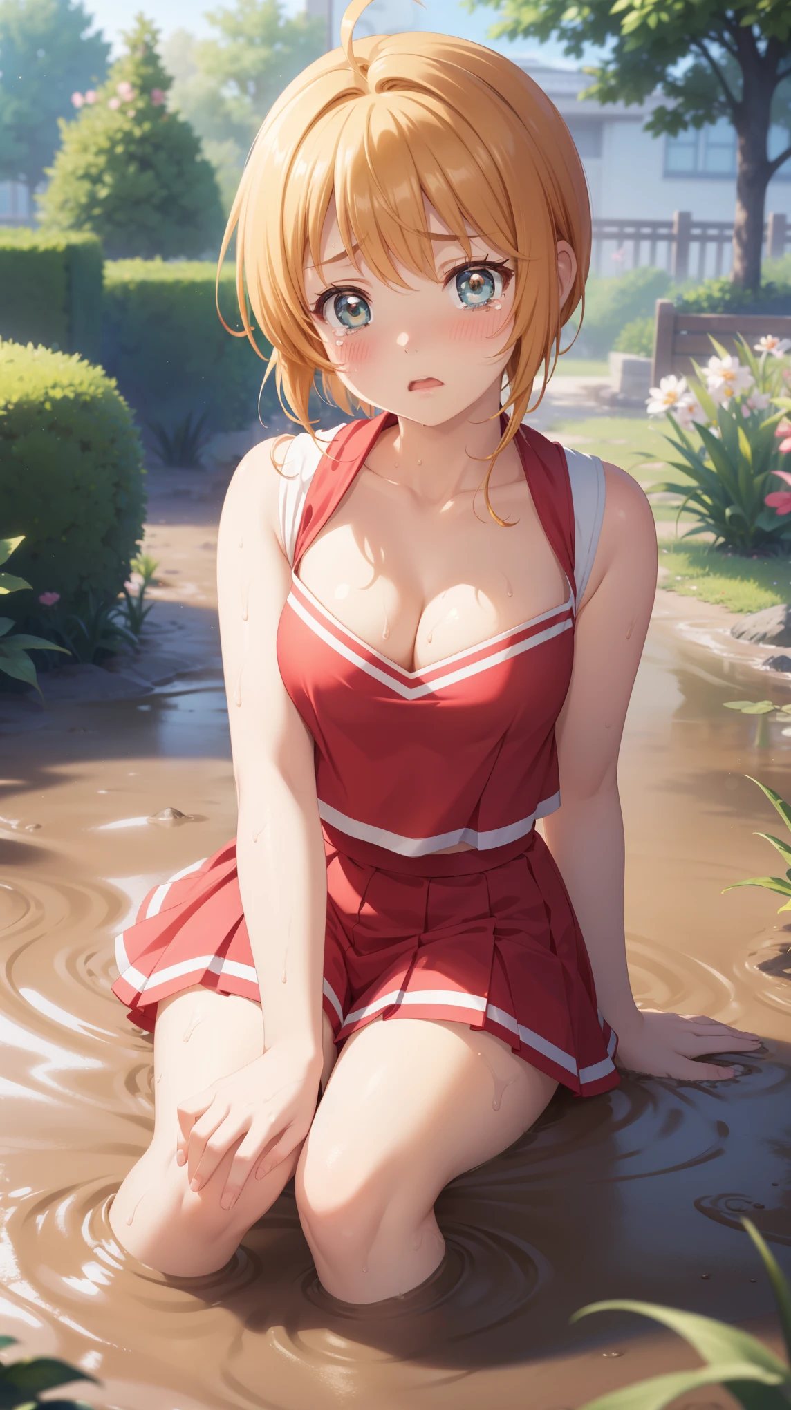 masterpiece, best quality, highres, 1girl, detailed face, blush, anime CG style, (medium breasts), (18 year old girl:1.3), (aged up), good lighting, perfect body, sakura kinomoto, glossy lips, cheerleader, cleavage, (curvy), garden, (sinking in mud), (upset), tears on cheeks, partially submerged