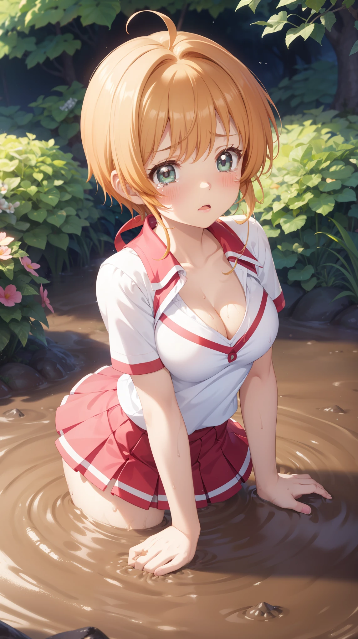 masterpiece, best quality, highres, 1girl, detailed face, blush, anime CG style, (medium breasts), (18 year old girl:1.3), (aged up), good lighting, perfect body, sakura kinomoto, glossy lips, cheerleader, cleavage, (curvy), garden, (sinking in mud), (upset), tears on cheeks, partially submerged