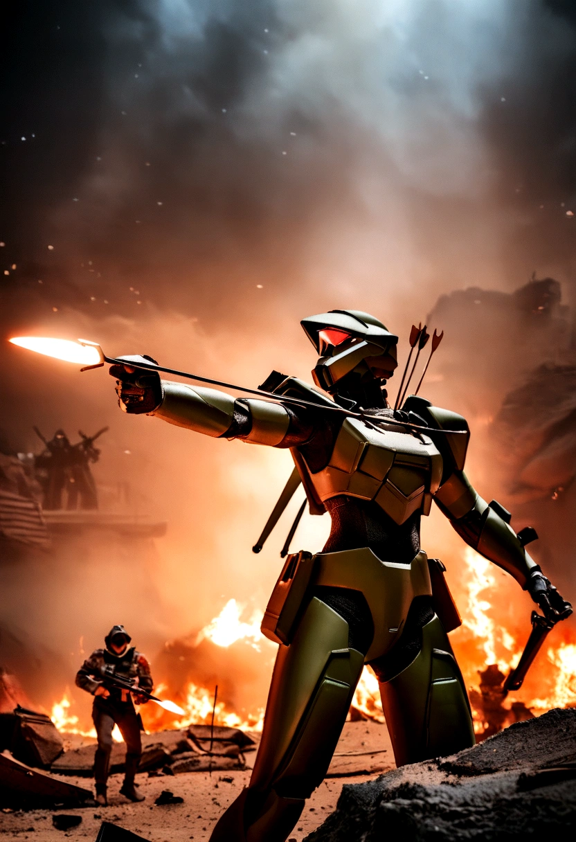 a fox as robinhood, as an archer, big bow, legendary bow, shooting the stars,  in iconic aiming stance, mythical bow, fire arrow, warzone background, war scenery, mecha suit, epic photography, photo art, dramatic lighting, 8k