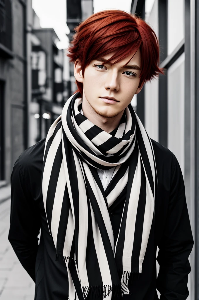 anime red haired anime boy with black clothes black and white striped scarf on neck with sleepy expression