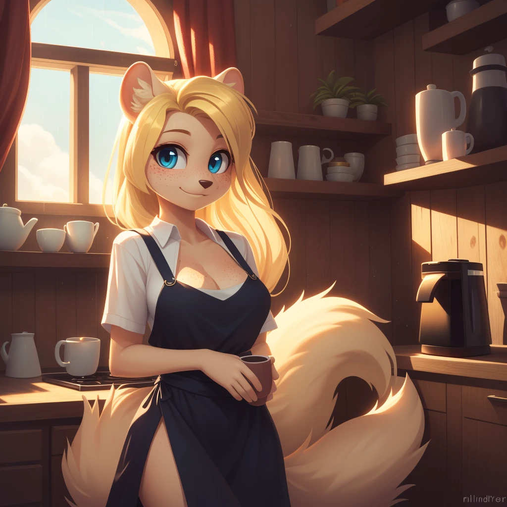 minerva, medium breast,
(detailed blonde hair:1.4), (detailed perfect eyes:1.2), white fur, (detailed fluffy fur:1.2), perfect hourglass body, mink snout, (long fluffy blonde tail:1.3), beautiful black eyes, relaxed pose, looking at viewer,
(freckles:1.2), light smile,
serving coffee,
(masterpiece:1.2), (best quality:1.2), (intricate:1.2), (highly detailed:1.2), (sharp:1.2), (8k:1.2), (highres:1.2),
cinematic summer tropical lighting, vivid colors,
kitchen, wooden cabin,
window, forest, rain,
aliceinwonderlandoutfit