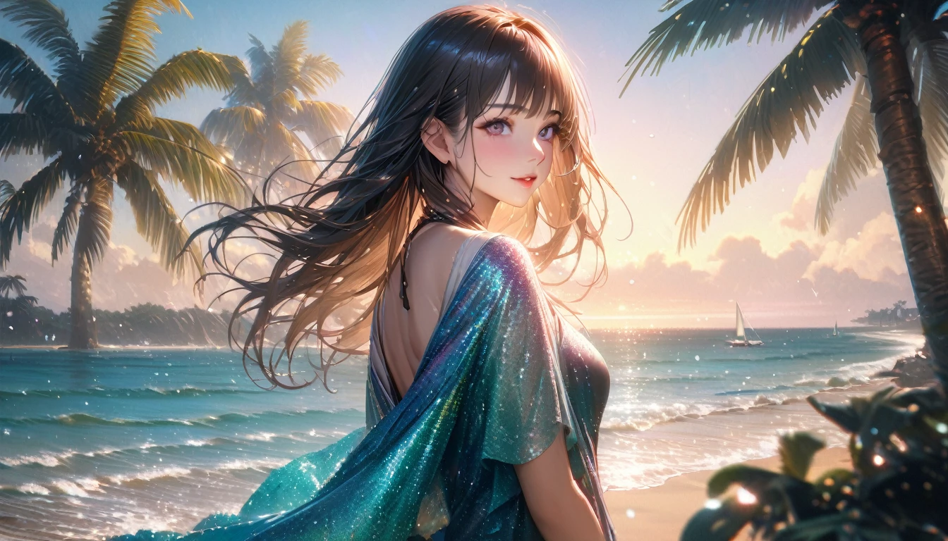 coastal, A wide sea with a visible horizon,Clear sky,Palm tree,Blur the background,Pleasant sea breeze,Glitter effect,Highest quality, 8K, High resolution, masterpiece:1.2, Very detailed, Realistic:1.37, High resolution, 超High resolution, Ultra-fine painting, Very detailed, Professional, Vibrant colors