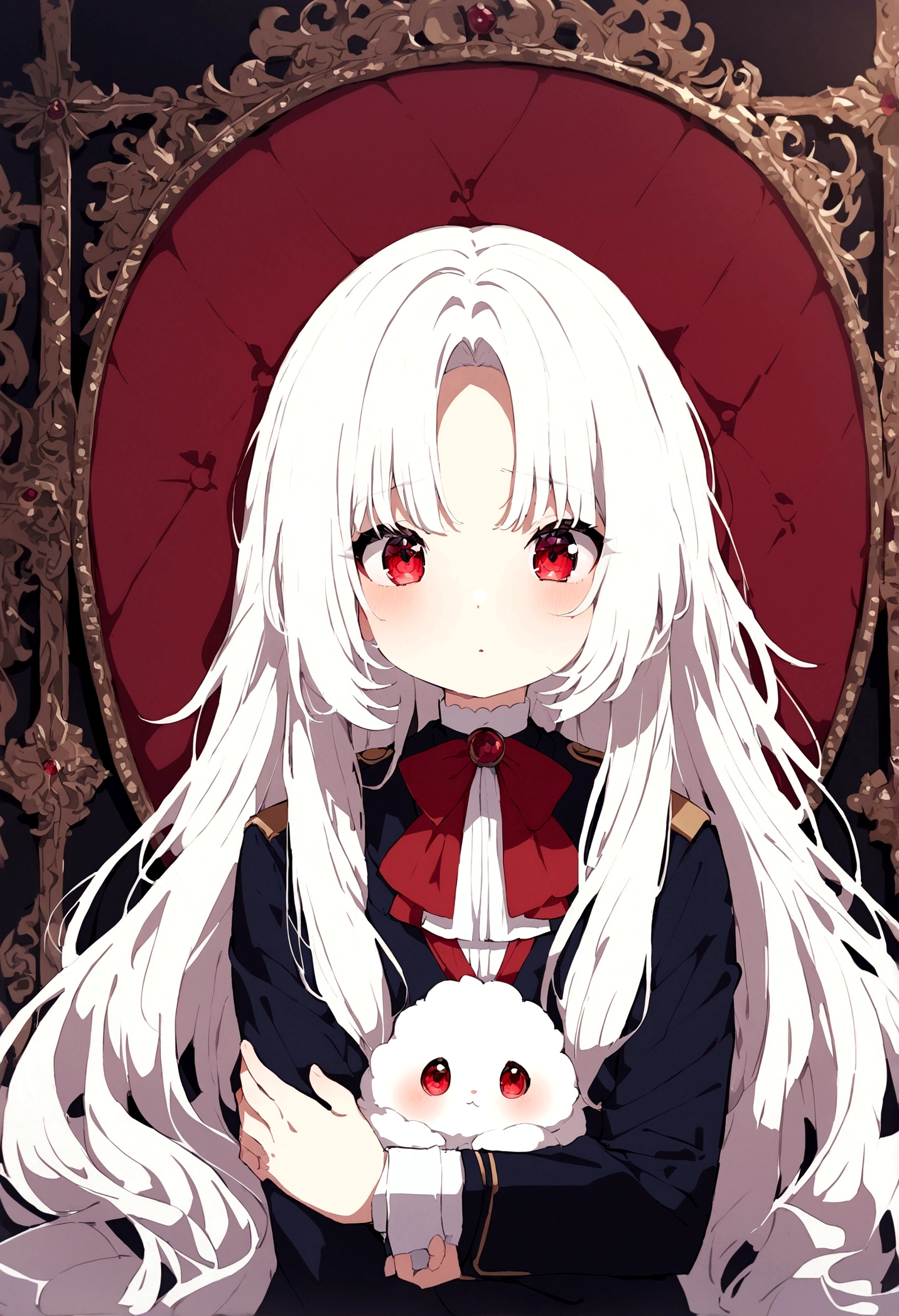 work of art, highest quallity, (Alone focus), (face perfect:1.1), (high détail:1.1),fluffly, 1 guy, long white hair, red eyes, alone, long hair, Body cute, schoolar uniform