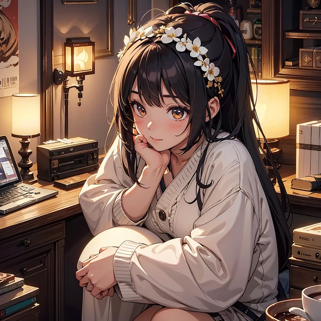NSFW, sexy, erotic, a hyper-realistic anime-style girl VTuber with long, flowing hair and large, sparkling eyes is live streaming, sitting at her desk in an exquisitely detailed and cozy room adorned with intricate posters, plush toys, and various decorations. The desk is cluttered with streaming equipment illuminated by vibrant, colorful LED lights, creating a captivating and lively atmosphere. She is wearing an adorable outfit and holding a steaming cup of hot cocoa. The angle changes to an extremely dynamic and unique view, focusing intently on the surface of the hot cocoa, featuring an incredibly detailed and charming cute girl design as latte art, without a saucer. Her hand and part of her face are visible as she joyfully introduces the hot cocoa to her viewers. Elements of her live streaming setup, including a microphone, camera, and chat screen, are prominently displayed on the desk, alongside scattered mahjong tiles and a monitor showcasing an intense mahjong game stream. The background is rich with meticulously crafted items, enhancing the cozy and mysterious ambiance. The warm, inviting room light and vibrant LED lights provide a stunning contrast, creating a perfect balance of brightness and shadow. Every detail is rendered with the highest level of precision and clarity, showcasing the warmth of the scene and the allure of the hot cocoa with cute girl latte art, while emphasizing the thrilling mahjong game stream in the most breathtaking quality imaginable. The VTuber's enthusiasm and love for both hot cocoa and mahjong are vividly depicted, making her personality shine through in this extraordinary masterpiece. Enhance the overall resolution and detail to the highest possible level for a strikingly detailed and vibrant image.