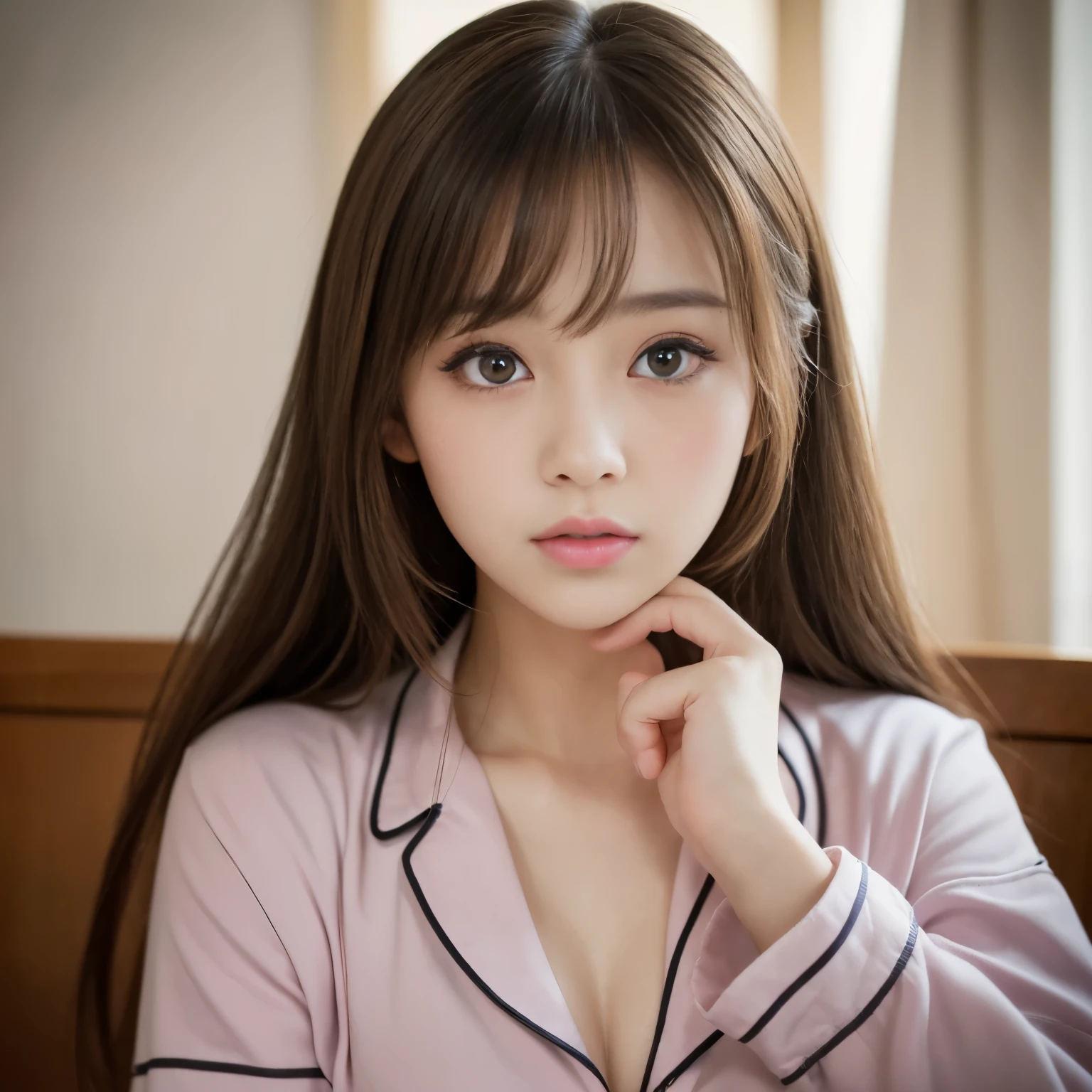(Best-quality, Masterpiece, Ultra-High-Resolution, (Photorealistic:1.5), Raw Photo, depth of field, professional lighting, perfect anatomy, extremely details), 1girl, 15-years-old, the most famous Japanese idol, (extremely cute face like the most popular Japanese idol, ((extremely cute and extremely big eyes)), extremely beautiful hair, extremely beautiful skins), extremely cute long-eyelashes, extremely cute lips, 
in private-room, 
wearing pajamas with cute-design, detailed pajamas-with-cute-design, 
(unusual sexual arousal and abnormal sexual pleasure from taking large amounts of sex-drugs.):1.3)
