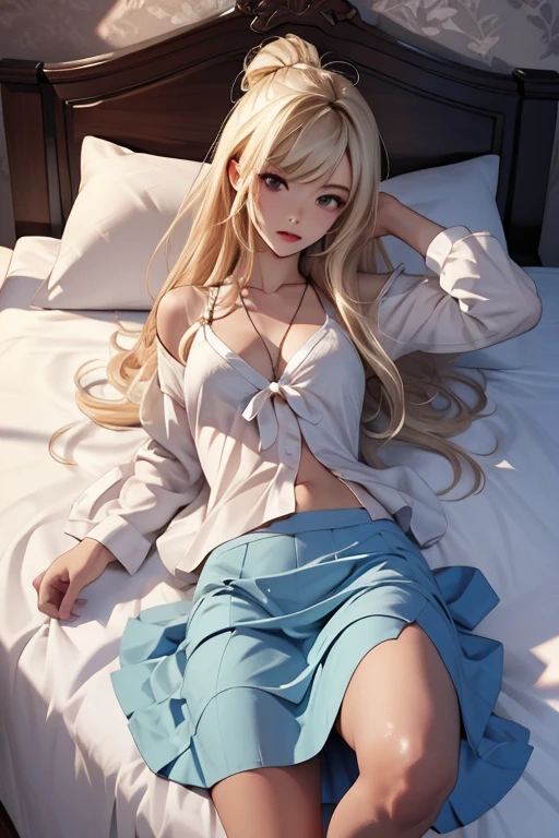 Girl, blonde, clear skin, in a lying in her room with her skirt up