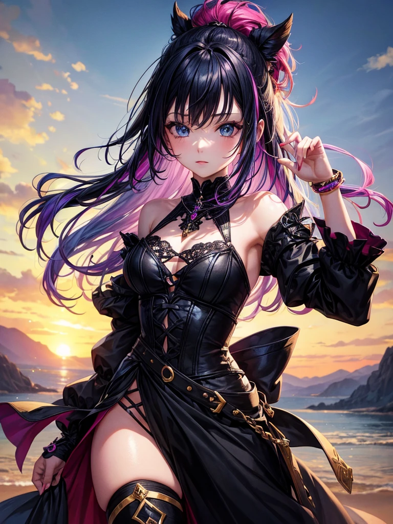 fantasy world girl with colorful hair, accessories, detailed black outfit 