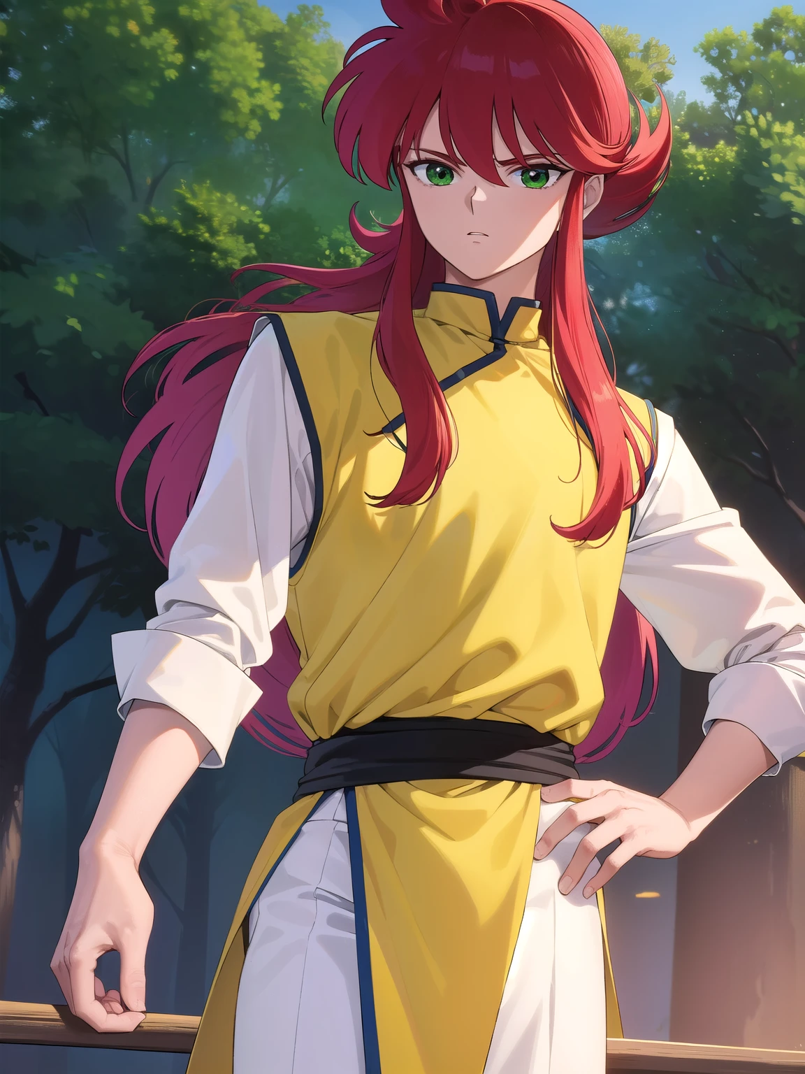 kurama, kurama, long hair, red hair, bangs, (green eyes:1.5), (retro artstyle:1.5), 1990s \(style\),
BREAK long sleeves, pants, chinese clothes, white pants, (yellow shirt:1.5), (white sleeves:1.5), (pelvic curtain:1.2), sash, sleeveless shirt, (((dark sky back ground)))
BREAK looking at viewer, cowboy shot,
BREAK (masterpiece:1.2), best quality, high resolution, unity 8k wallpaper, (illustration:0.8), (beautiful detailed eyes:1.6), extremely detailed face, perfect lighting, extremely detailed CG, (perfect hands, perfect anatomy),