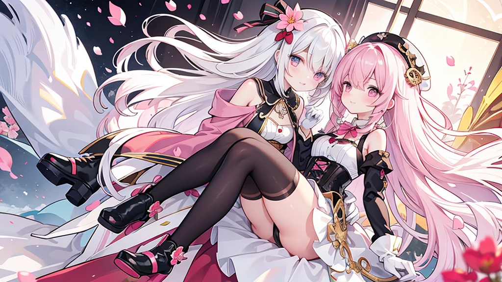 The character in the image has long, wavy white hair with pink tips, an eyepiece over the right eye, reddish eyes, and a fantasy-steampunk outfit with maroon, gold, white, and black colors. The outfit includes puffed shoulders, a corset-style middle, a short skirt, black tights, high-heeled boots with floral decorations, and petal-like adornments at the waist. They wear white gloves and have a floral theme in their attire.