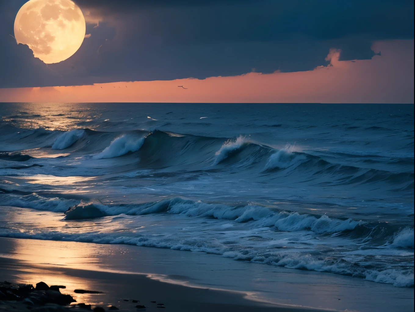 a beautiful full moon over a serene ocean, waves crashing against the shore, a stunning coastal landscape, dramatic sky with clouds, dramatic lighting, photorealistic, cinematic, highly detailed, 8k, hyper realistic, digital art, matte painting, concept art, dramatic lighting, moody atmosphere, vivid colors, (best quality,4k,8k,highres,masterpiece:1.2),ultra-detailed,(realistic,photorealistic,photo-realistic:1.37),dramatic lighting,moody atmosphere,cinematic composition,awe-inspiring,breathtaking