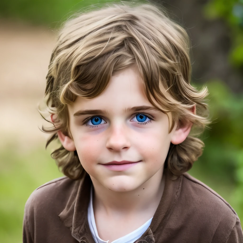 Boy with rustic features, big, curved nose, bushy eyebrows, goatee. shoulder-length hair.