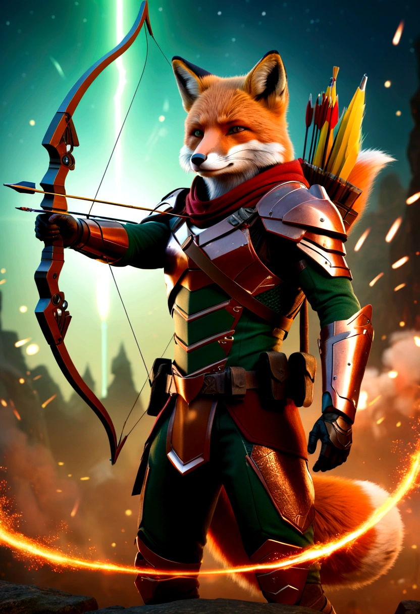 a fox as robinhood, as an archer, big bow, legendary bow, shooting the stars,  in iconic aiming stance, mythical bow, fire arrow, warzone background, war scenery, mecha suit, epic photography, photo art, dramatic lighting, 8k